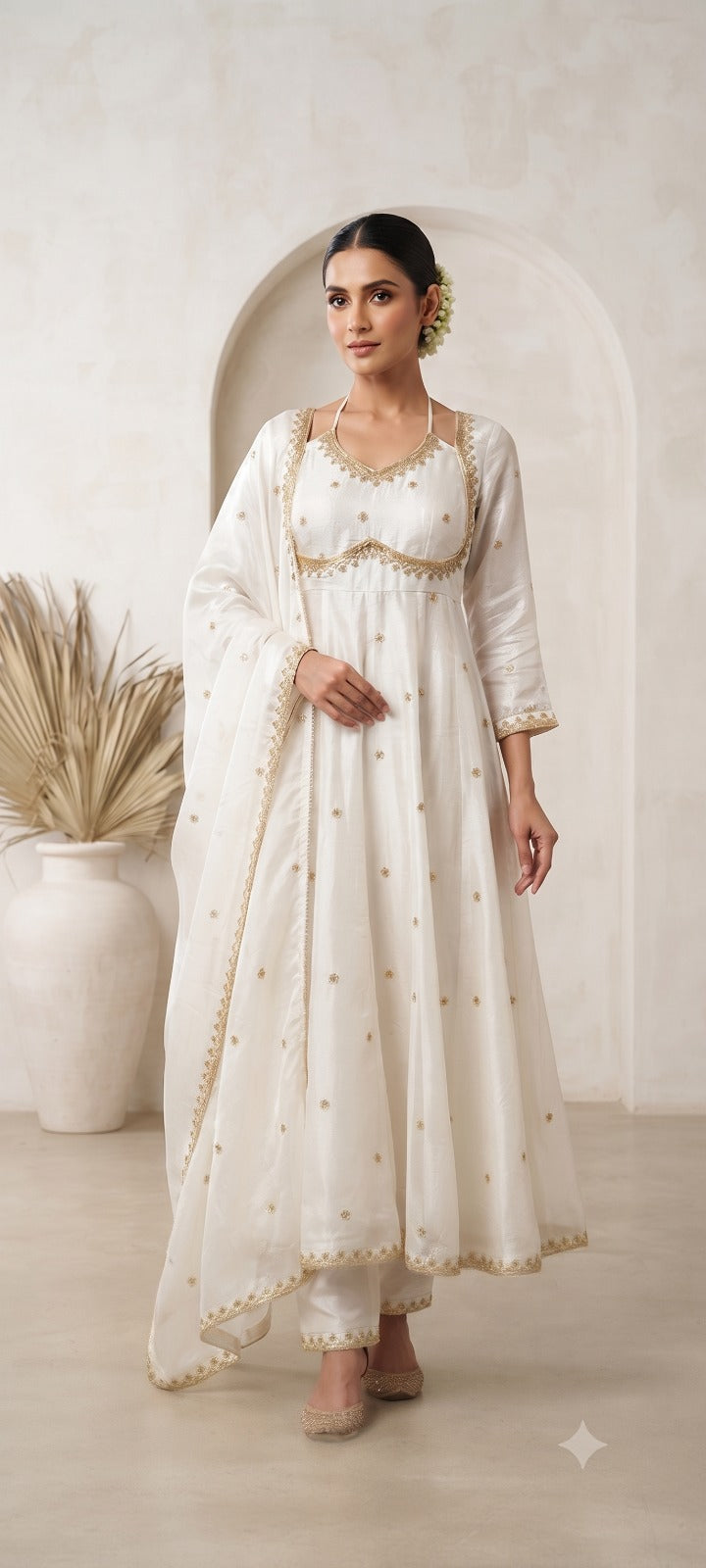 Women White   Embroidered Kurta Set with Palazzo Pants & Matching Dupatta – Traditional Festive Ethnic Wear