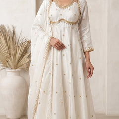Women White   Embroidered Kurta Set with Palazzo Pants & Matching Dupatta – Traditional Festive Ethnic Wear
