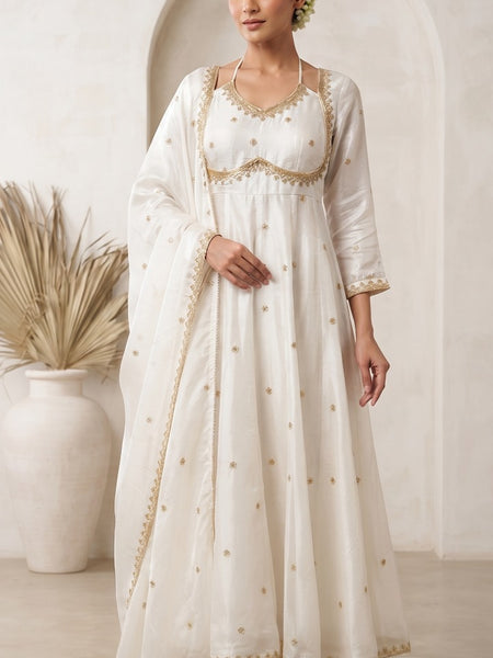 Women White   Embroidered Kurta Set with Palazzo Pants & Matching Dupatta – Traditional Festive Ethnic Wear