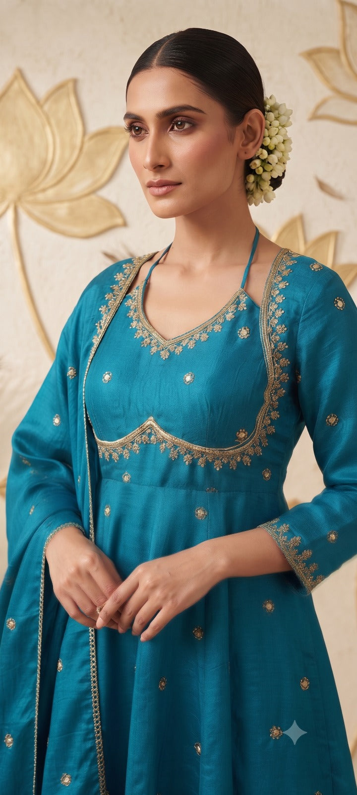 Women  Turquiose blueEmbroidered Kurta Set with Palazzo Pants & Matching Dupatta – Traditional Festive Ethnic Wear