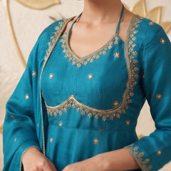 Women  Turquiose blueEmbroidered Kurta Set with Palazzo Pants & Matching Dupatta – Traditional Festive Ethnic Wear