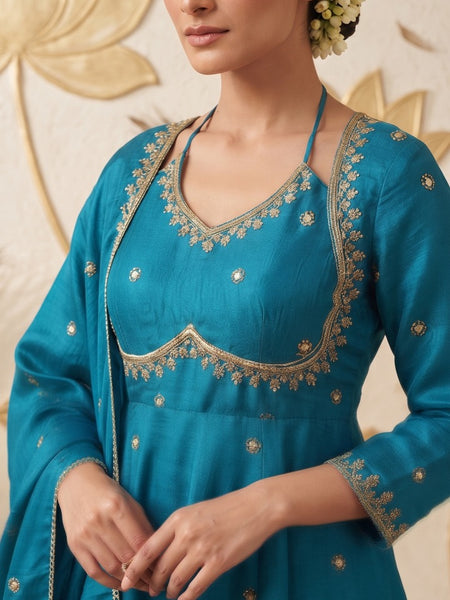 Women  Turquiose blueEmbroidered Kurta Set with Palazzo Pants & Matching Dupatta – Traditional Festive Ethnic Wear