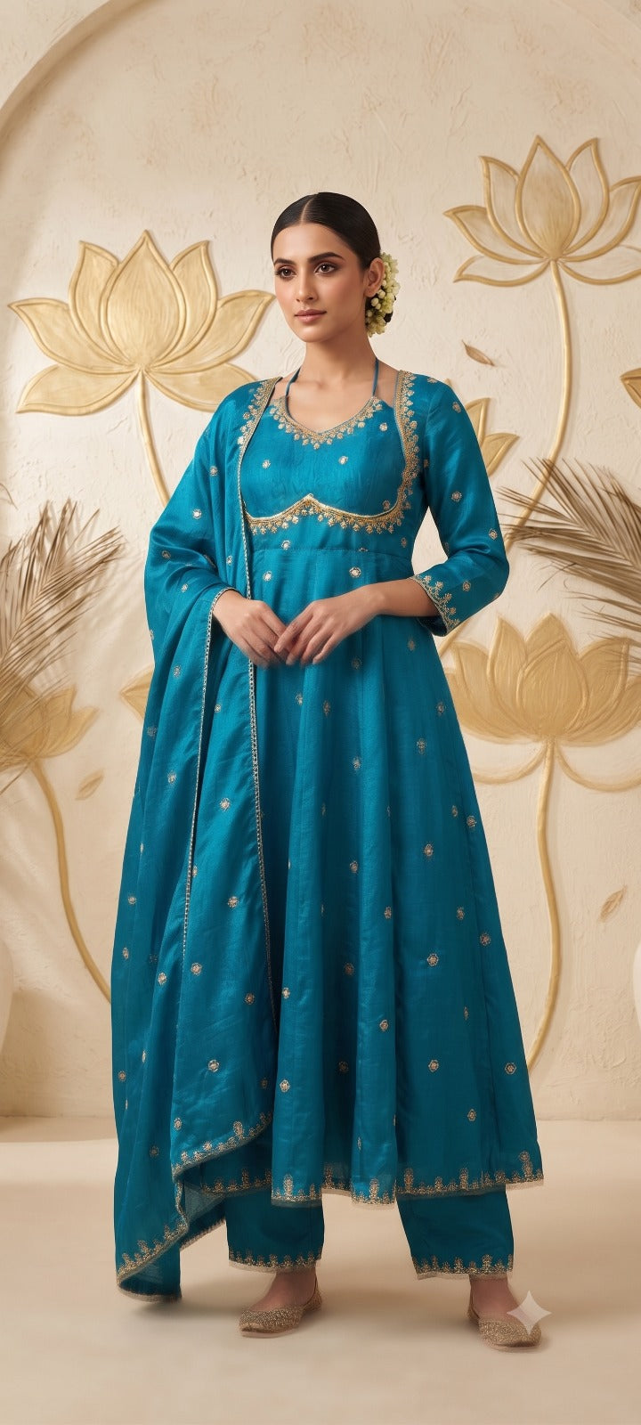 Women  Turquiose blueEmbroidered Kurta Set with Palazzo Pants & Matching Dupatta – Traditional Festive Ethnic Wear
