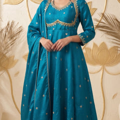 Women  Turquiose blueEmbroidered Kurta Set with Palazzo Pants & Matching Dupatta – Traditional Festive Ethnic Wear