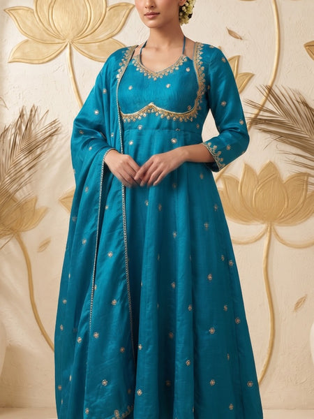 Women  Turquiose blueEmbroidered Kurta Set with Palazzo Pants & Matching Dupatta – Traditional Festive Ethnic Wear