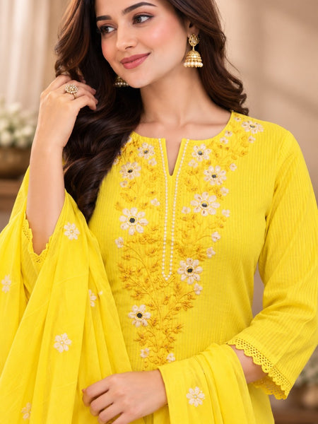 Women Yellow    Embroidered Kurta Set with Palazzo  & Matching Dupatta – Traditional Festive Ethnic Wear