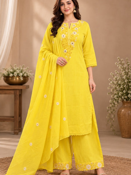 Women Yellow    Embroidered Kurta Set with Palazzo  & Matching Dupatta – Traditional Festive Ethnic Wear
