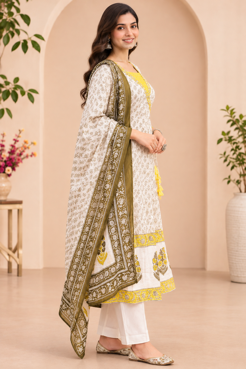 Women  Yellow  Embroidered Kurta Set with Palazzo  & Matching Dupatta – Traditional Festive Ethnic Wear