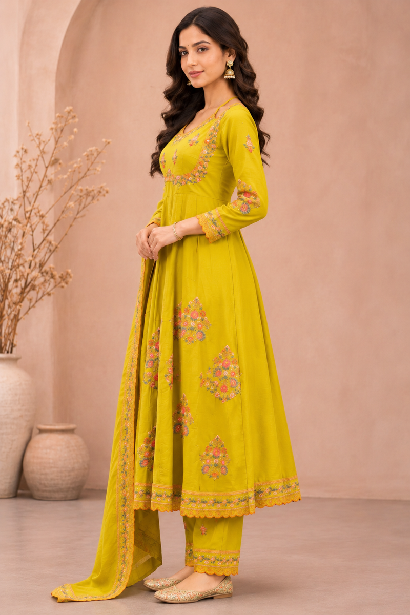 Women green   Embroidered Kurta Set with Palazzo Pants & Matching Dupatta – Traditional Festive Ethnic Wear