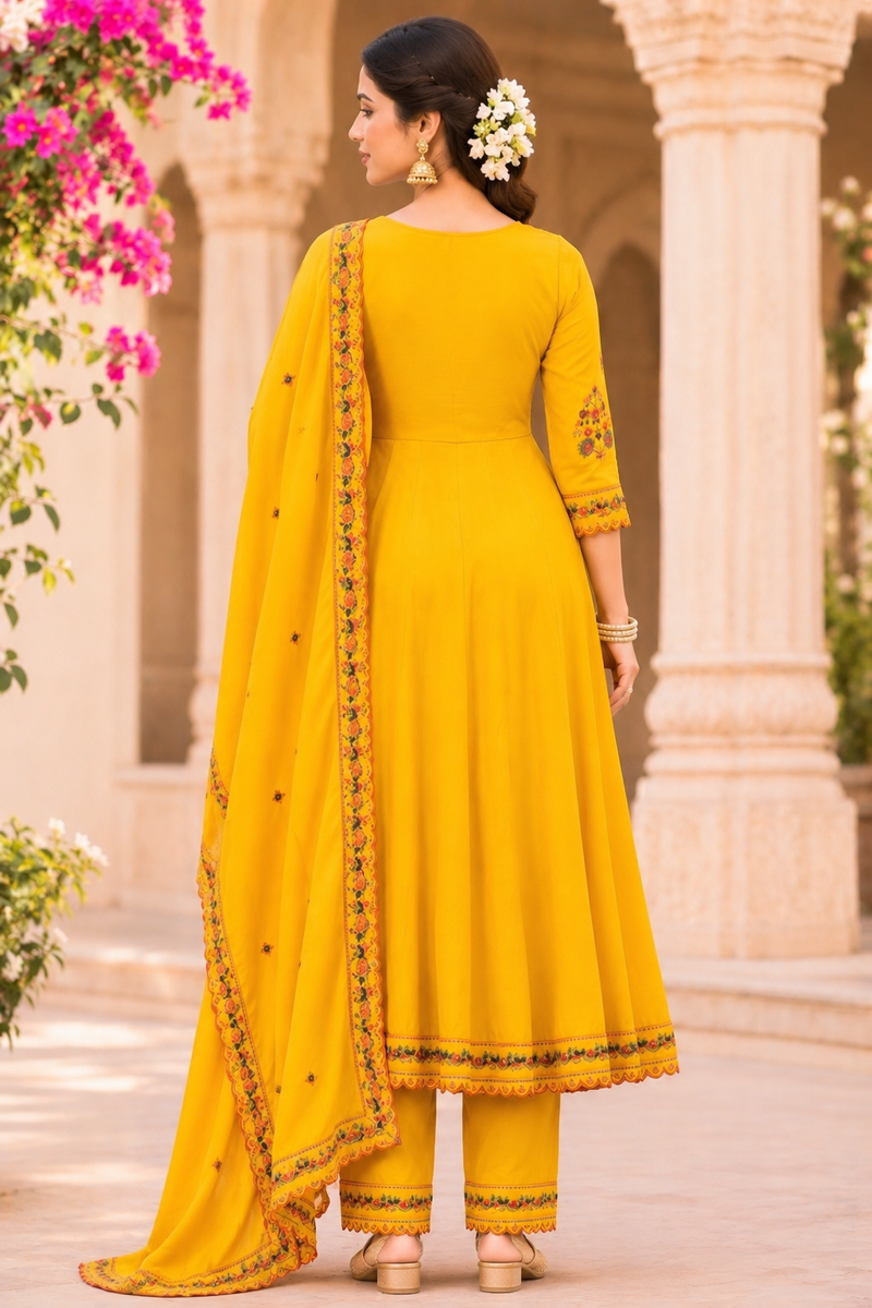 Women yellow    Embroidered Kurta Set with Palazzo Pants & Matching Dupatta – Traditional Festive Ethnic Wear