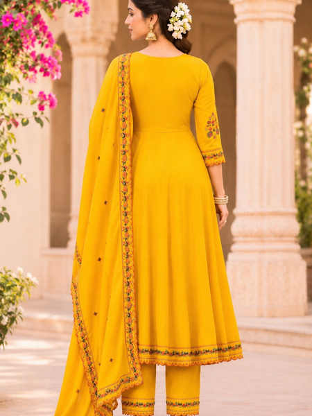Women yellow    Embroidered Kurta Set with Palazzo Pants & Matching Dupatta – Traditional Festive Ethnic Wear