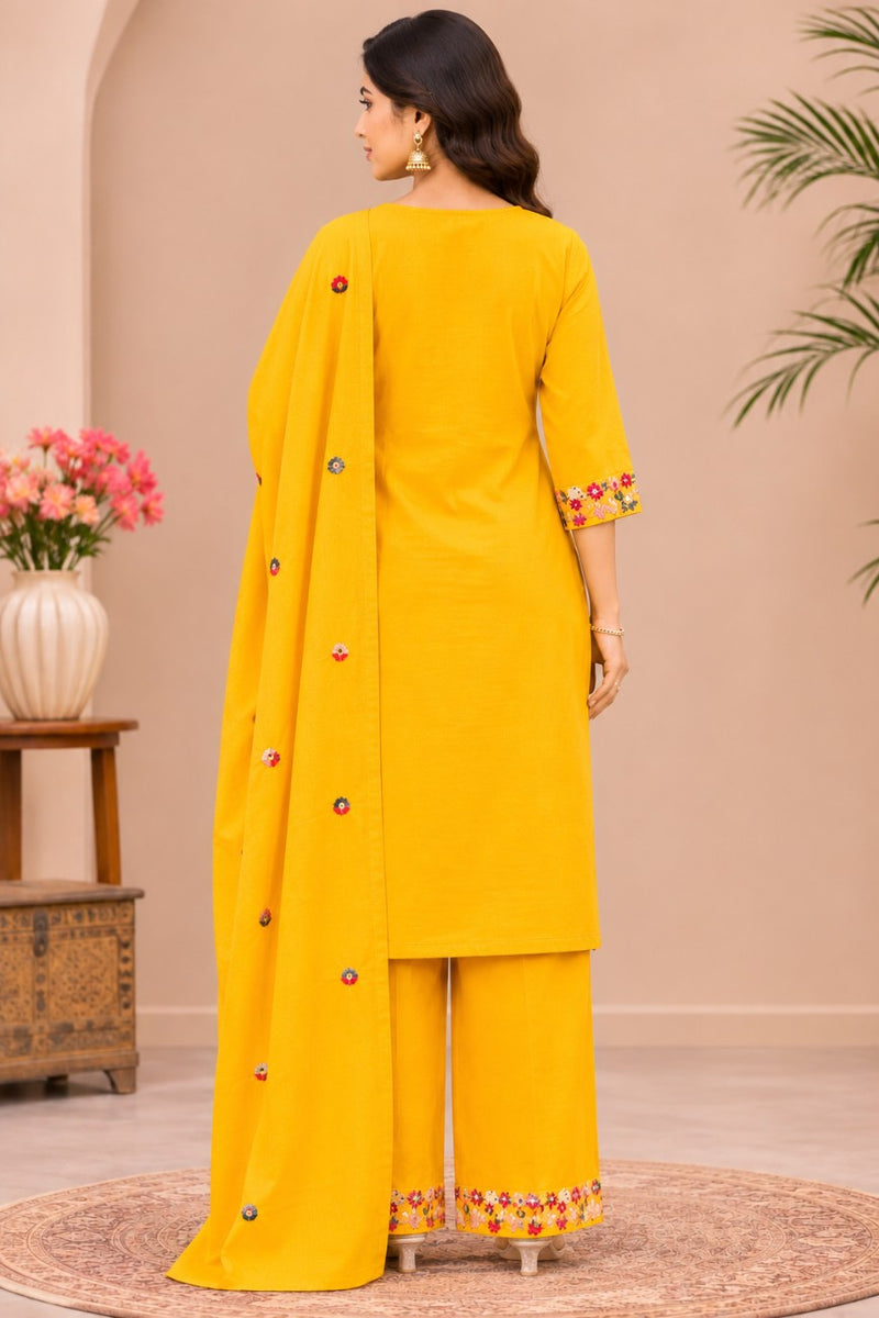 Women  yellow  Embroidered Kurta Set with Palazzo& Matching Dupatta – Traditional Festive Ethnic Wear