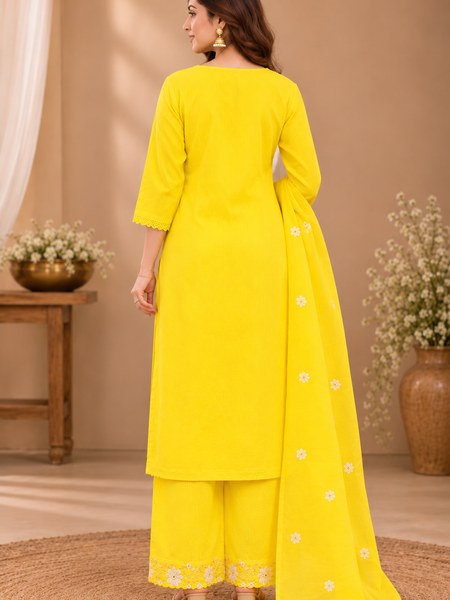 Women Yellow    Embroidered Kurta Set with Palazzo  & Matching Dupatta – Traditional Festive Ethnic Wear