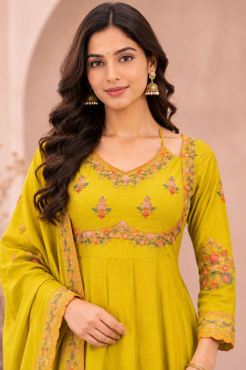 Women green   Embroidered Kurta Set with Palazzo Pants & Matching Dupatta – Traditional Festive Ethnic Wear