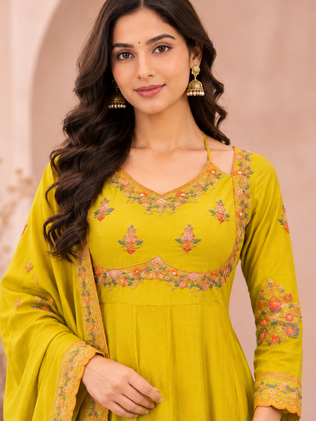 Women green   Embroidered Kurta Set with Palazzo Pants & Matching Dupatta – Traditional Festive Ethnic Wear