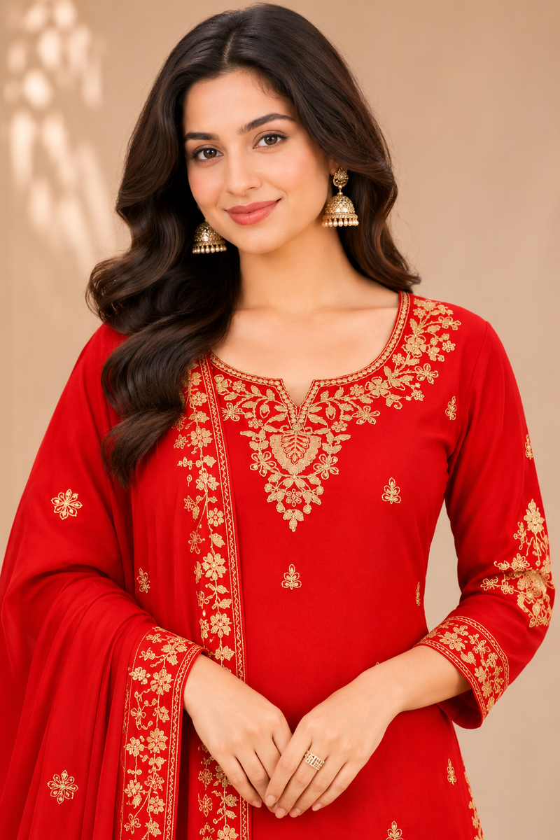 Women Red Color Ethnic Motifs Embroidered Regular Kurta with Palazzos & With Dupatta