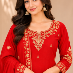 Women Red Color Ethnic Motifs Embroidered Regular Kurta with Palazzos & With Dupatta
