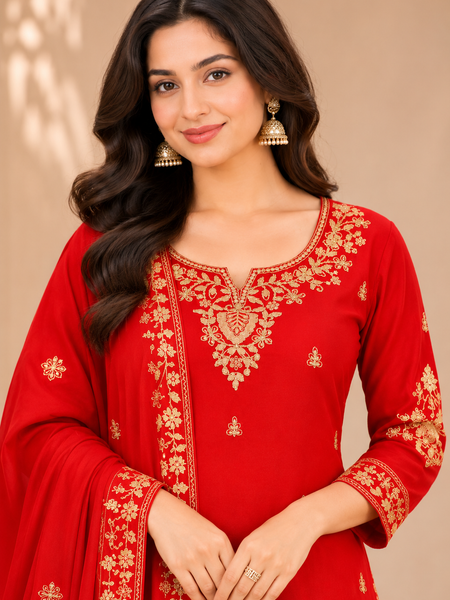 Women Red Color Ethnic Motifs Embroidered Regular Kurta with Palazzos & With Dupatta