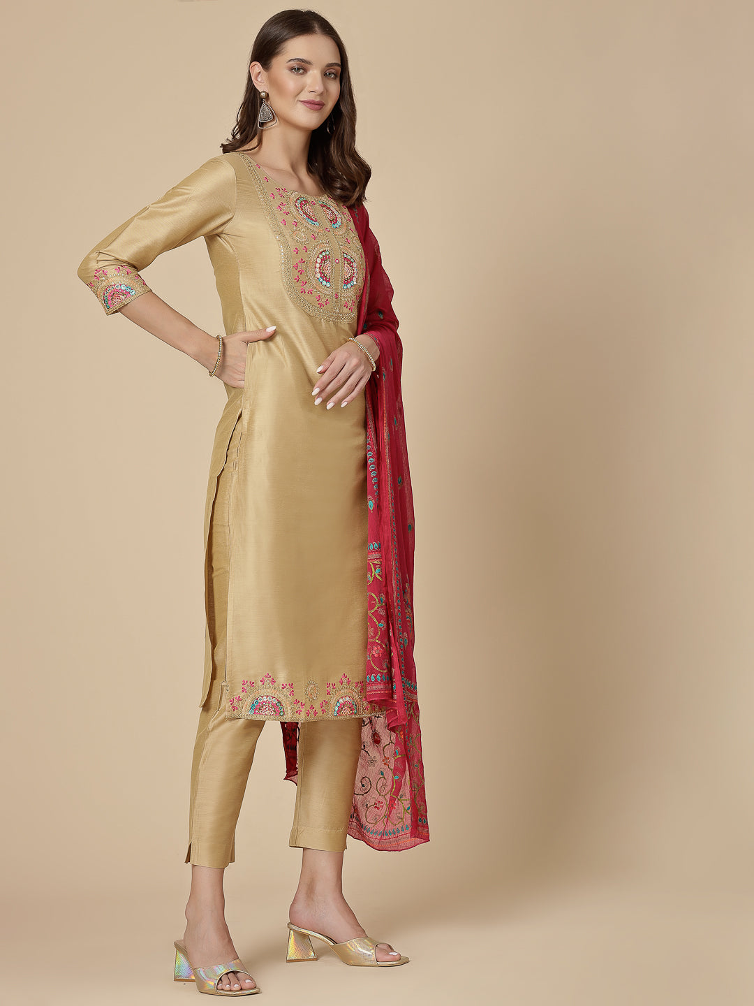 Women Beige Color Embroidery Kurta Pant With Printed Dupatta Set