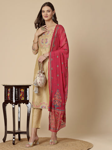 Women Beige Color Embroidery Kurta Pant With Printed Dupatta Set