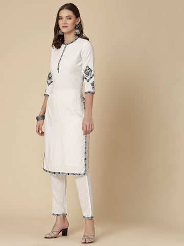 Women White Color Embroidery Kurta Pant Set