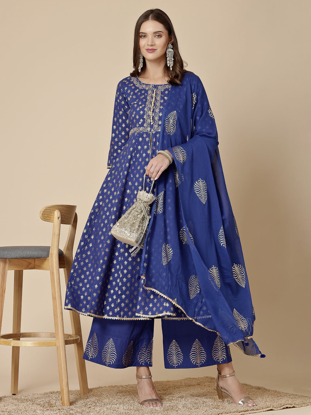 RAMA'S Women Blue Color Embroidery Kurta Palazzo With Printed Dupatta Set