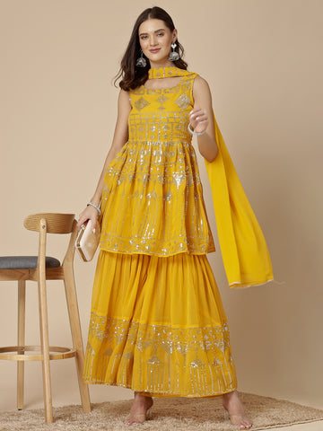 Women Yellow Color Embroidery Kurta Sharara With Dupatta Set