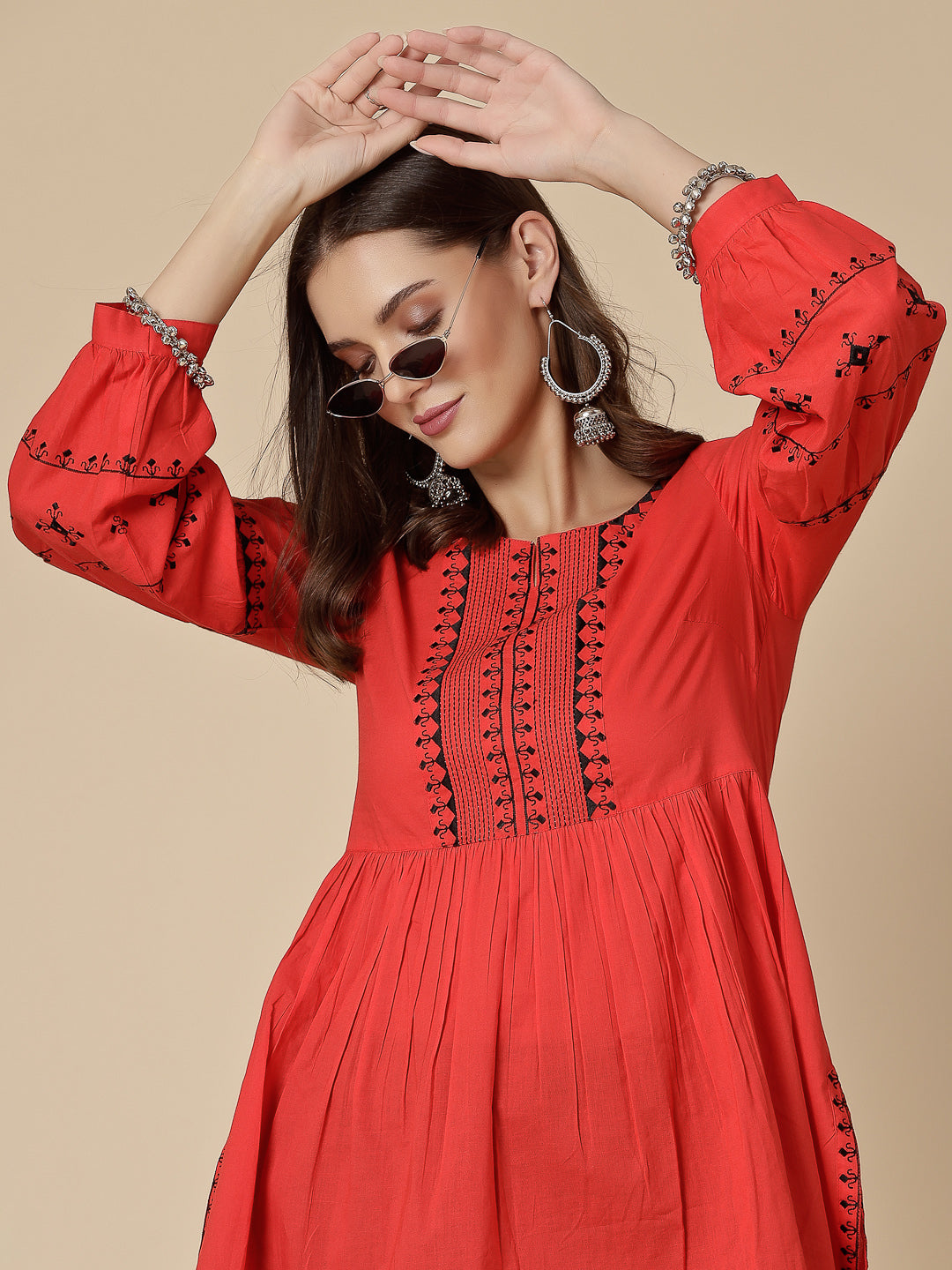 RAMA'S Women Red Color Embroidery Puff Sleeves Top