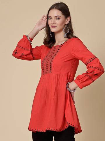 RAMA'S Women Red Color Embroidery Puff Sleeves Top