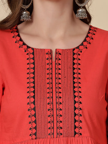 Women Red Color Embroidery Top