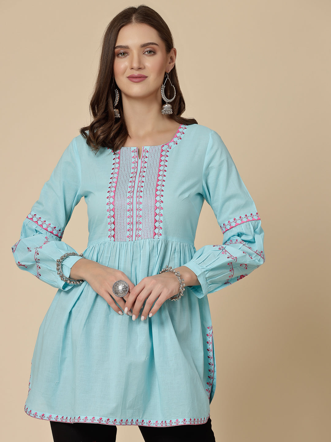 Women Turquoise Blue  Color Embroidery Top