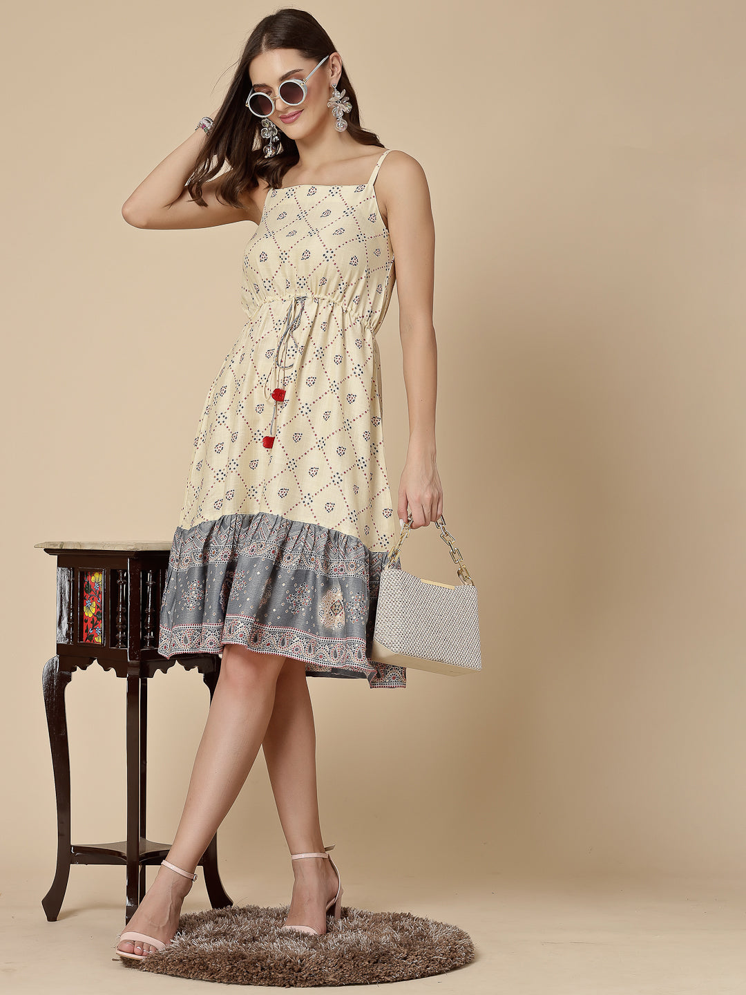 Women Grey Color Bandhani Print Dress