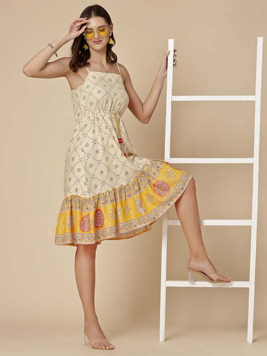 Women Yellow Color Bandhani Print Dress