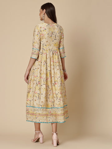 RAMA'S Women Yellow Color Printed Embroidery Anarkali Kurta