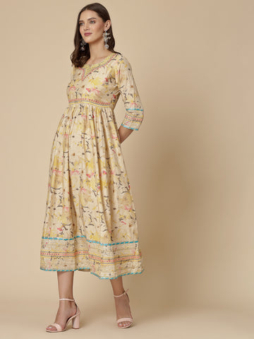 RAMA'S Women Yellow Color Printed Embroidery Anarkali Kurta