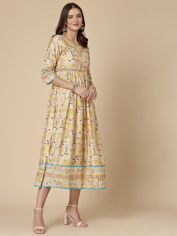 RAMA'S Women Yellow Color Printed Embroidery Anarkali Kurta