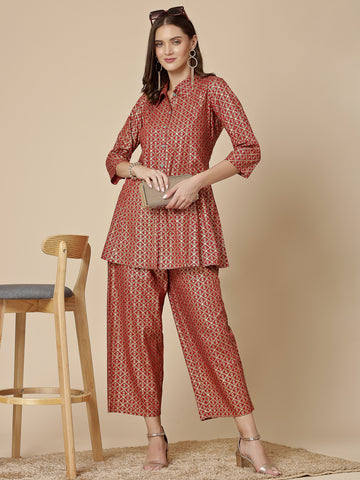 Women Red Color Printed Kurta Palazzo Set