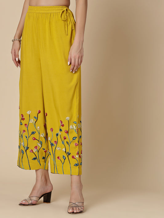 Women Yellow Color Embroidery  Palazzo