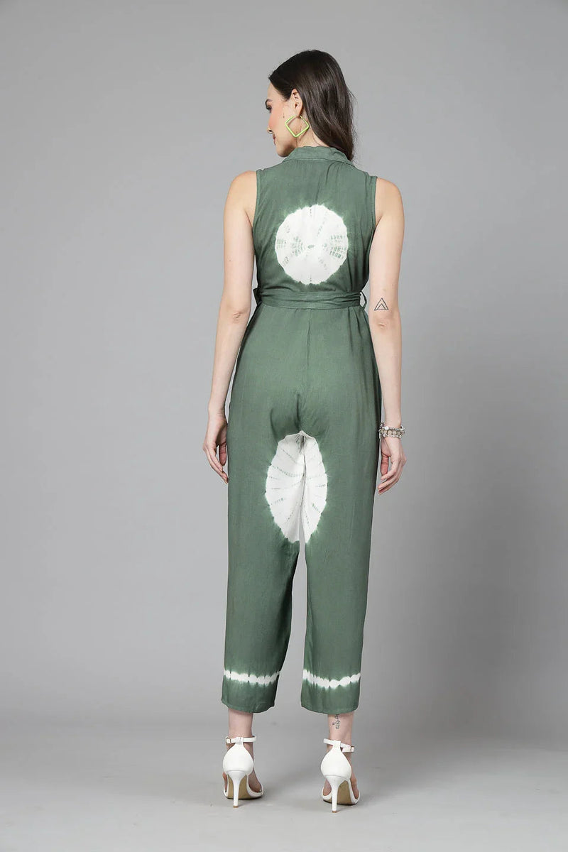 Women Green Color Tiy-Dye Print Jumpsuit Dress