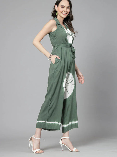 Women Green Color Tiy-Dye Print Jumpsuit Dress