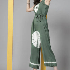 Women Green Color Tiy-Dye Print Jumpsuit Dress