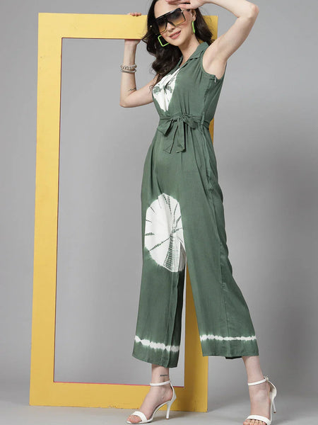 Women Green Color Tiy-Dye Print Jumpsuit Dress
