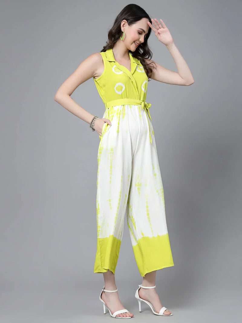 Women Lime Green Color Tiy-Dye Print Jumpsuit Dress