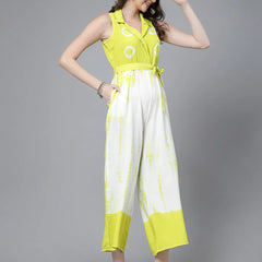 Women Lime Green Color Tiy-Dye Print Jumpsuit Dress