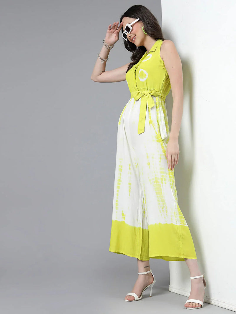 Women Lime Green Color Tiy-Dye Print Jumpsuit Dress