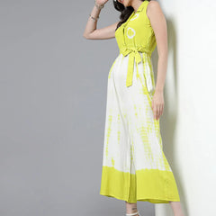Women Lime Green Color Tiy-Dye Print Jumpsuit Dress