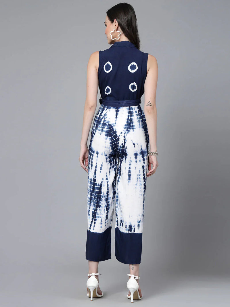 Women Blue Color Tiy-Dye Print Jumpsuit Dress