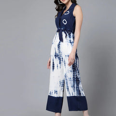Women Blue Color Tiy-Dye Print Jumpsuit Dress