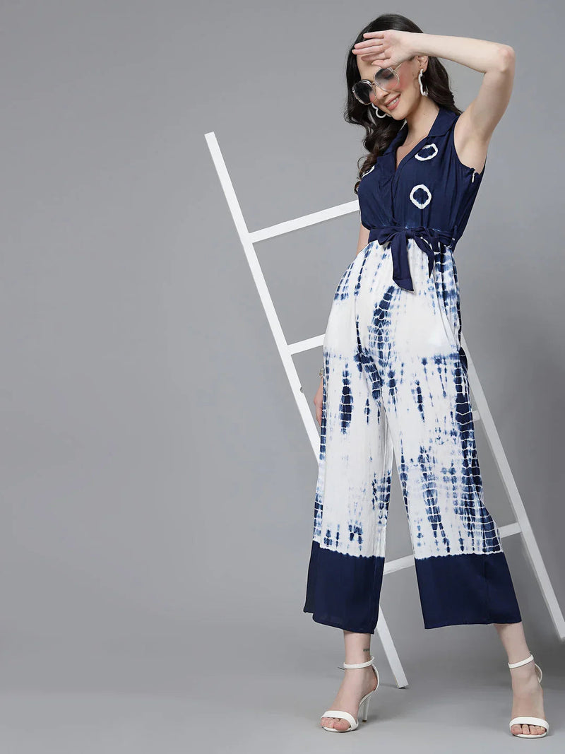 Women Blue Color Tiy-Dye Print Jumpsuit Dress