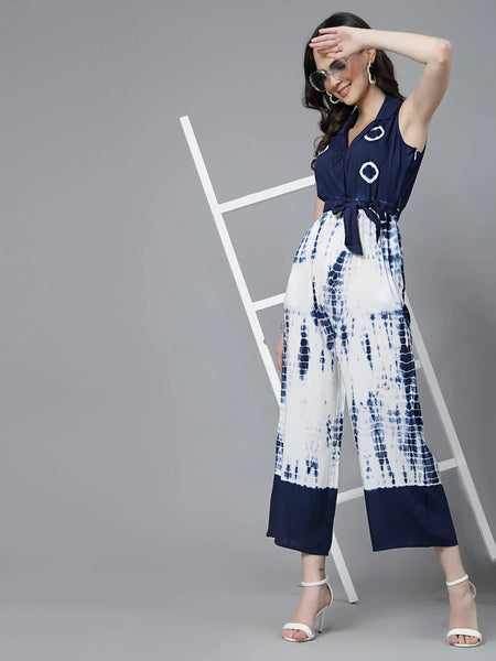 Women Blue Color Tiy-Dye Print Jumpsuit Dress